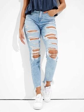 American Eagle | Light Wash High Rise Distressed Mom Jeans with Sharkbite Hem